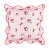Square polyester cushion in pink gingham check with red cherry print, finished with a scalloped edge and deeper pink piped trim, shown on a white background.
