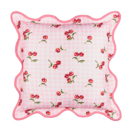 Square polyester cushion in pink gingham check with red cherry print, finished with a scalloped edge and deeper pink piped trim, shown on a white background.