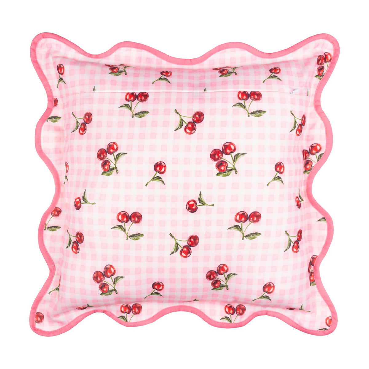 Square Fruits Gingham Polyester Cushion in pink, printed with red cherries on a pink gingham check, featuring a wavy scalloped edge with deeper pink piped trim, shown on a white background.