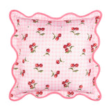 Square Fruits Gingham Polyester Cushion in pink, printed with red cherries on a pink gingham check, featuring a wavy scalloped edge with deeper pink piped trim, shown on a white background.