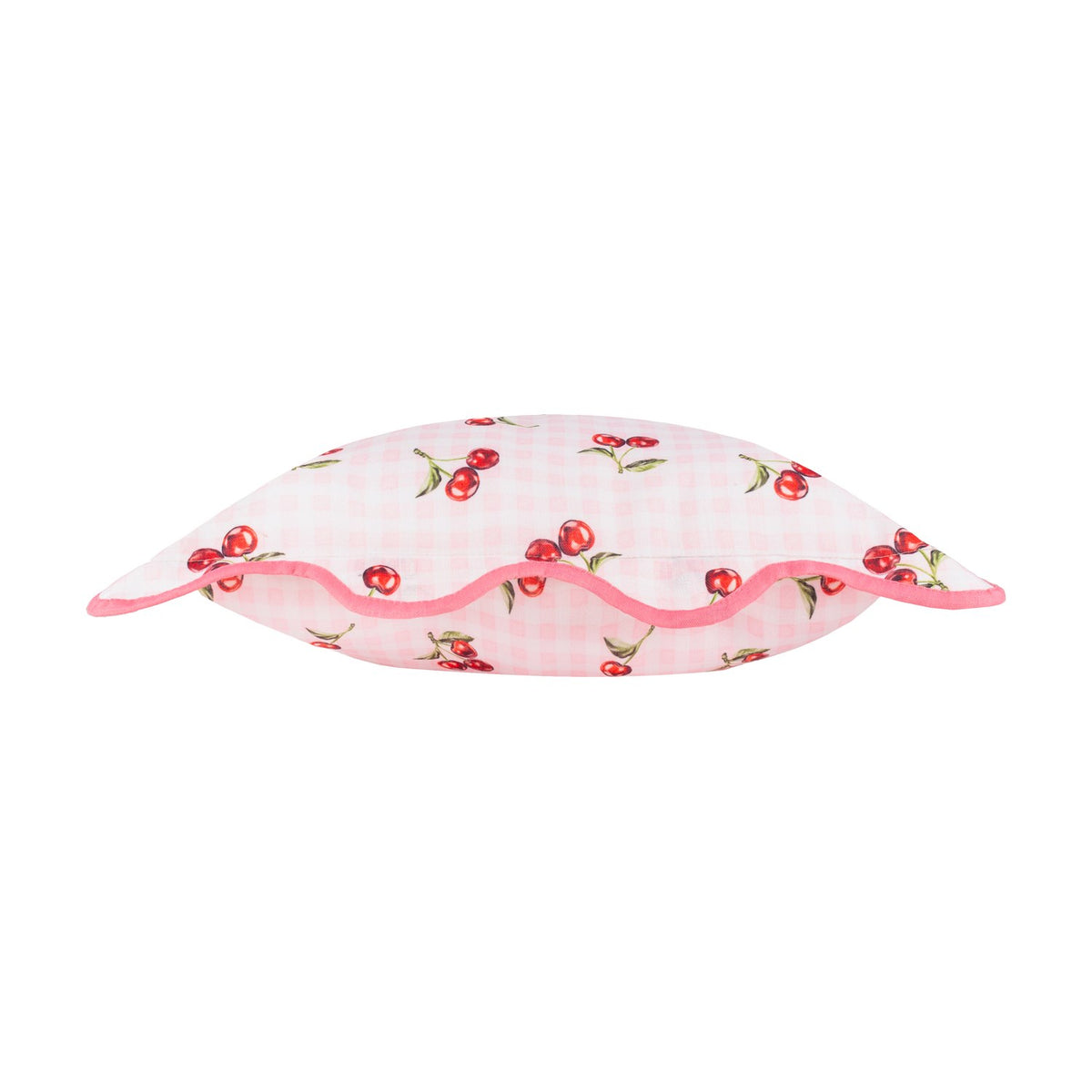 Fruits Gingham Polyester Cushion in pink, shown side-on with scalloped edges and pink piped trim, cherry print visible on both sides, plain white background.