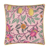 Square Fruits Piped Polyester Cushion in blush pink with lemon, pomegranate, and leaf print, finished with yellow piped edging, shown on a plain white background.