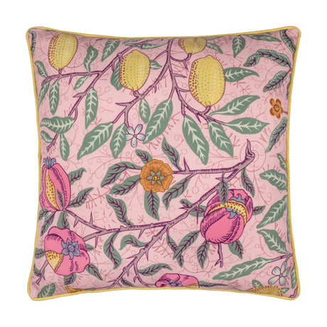 Square Fruits Piped Polyester Cushion in blush pink with lemon, pomegranate, and leaf print, finished with yellow piped edging, shown on a plain white background.