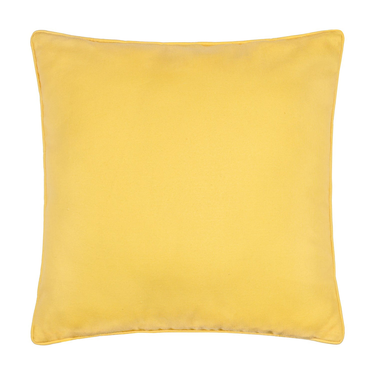 Reverse side of the Fruits Piped Polyester Cushion, shown in plain yellow fabric with a matching yellow piped edge trim, 45 x 45cm, on a white background.