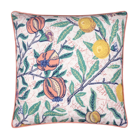 Square polyester cushion with coral piped edge, printed with pomegranates and citrus fruits among green leafy branches on a pale ground, shown on a white background.