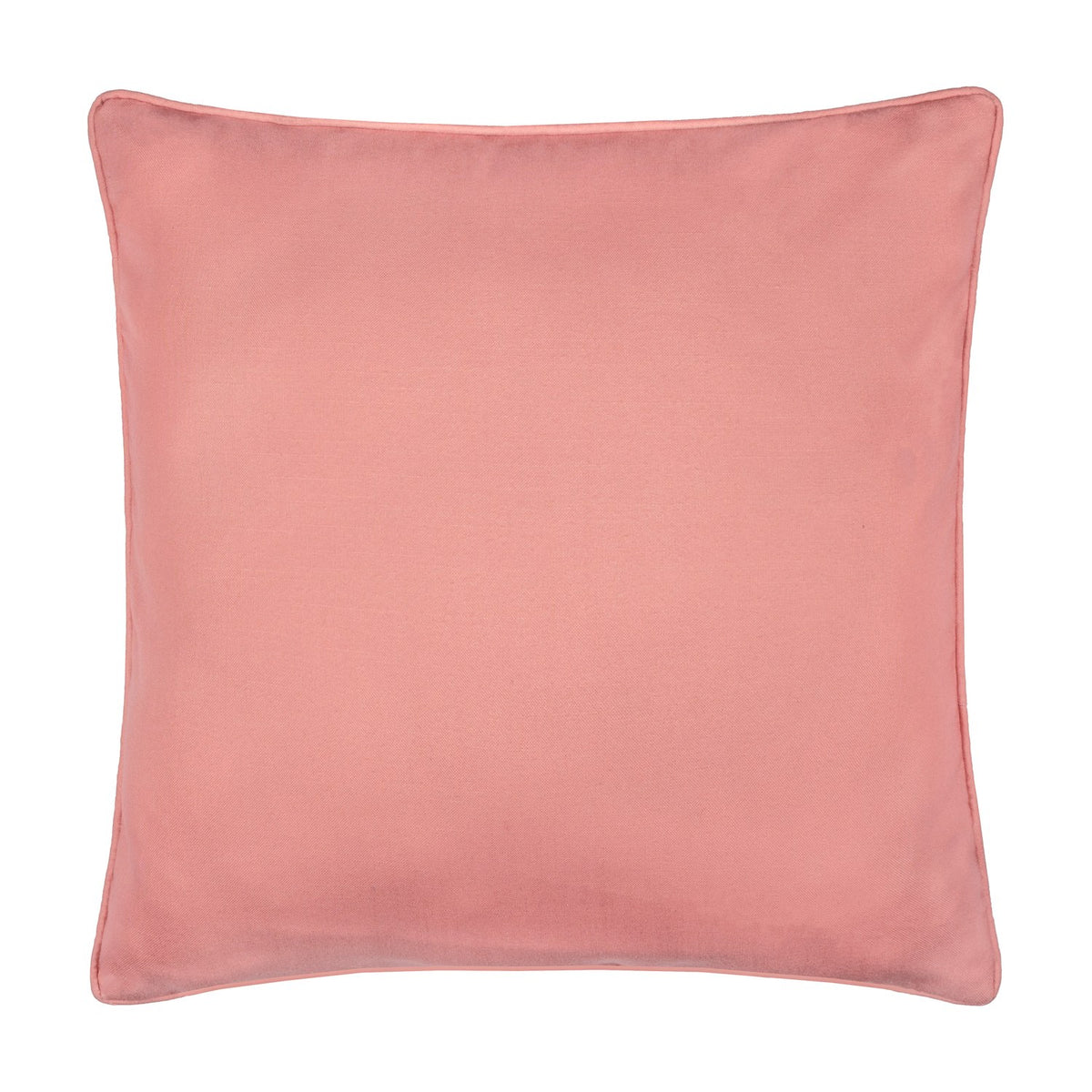 Fruits Piped Polyester Cushion reverse side in solid coral pink with matching piped edge trim, shown square on a plain white background.