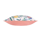 Side view of the Fruits Piped Polyester Cushion in Coral/Lemon, showing a floral fruit print on one face and a solid coral pink reverse with matching piped trim, on a white background.
