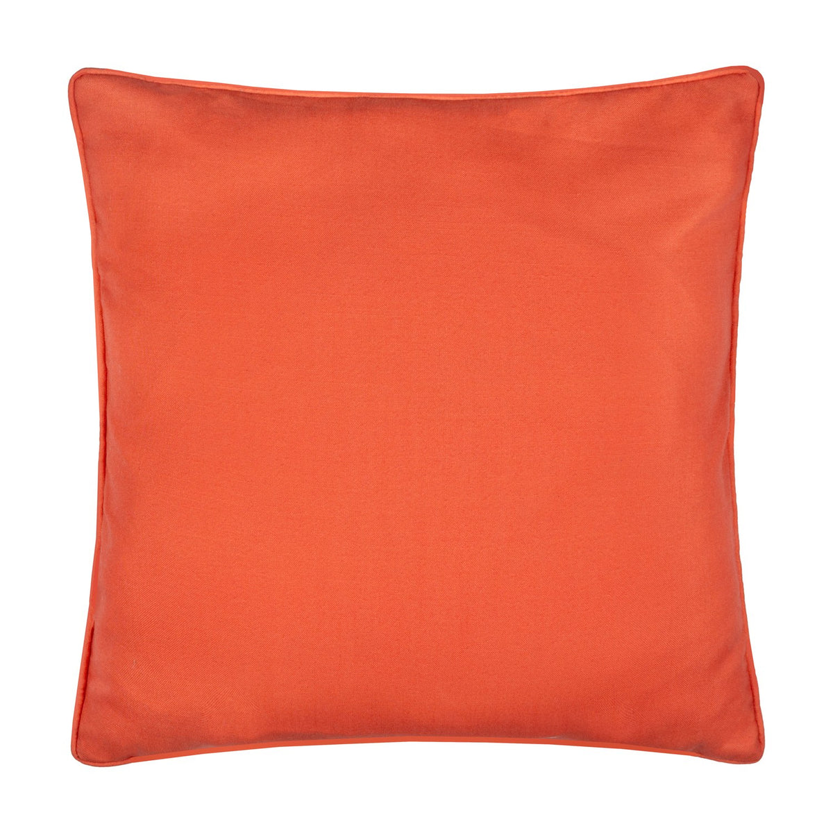 Reverse side of the Fruits Piped Polyester Cushion, shown in plain coral-orange fabric with matching piped edging, on a white background.