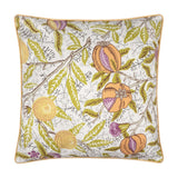 Square polyester cushion with a cream ground printed in a heritage fruit design of pomegranates and citrus among green leafy branches, finished with a yellow piped edge trim.