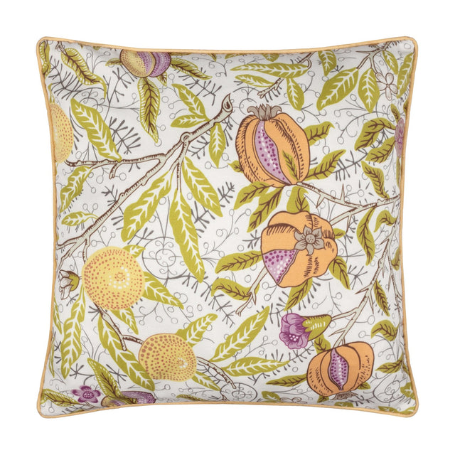 Square polyester cushion with a cream ground printed in a heritage fruit design of pomegranates and citrus among green leafy branches, finished with a yellow piped edge trim.