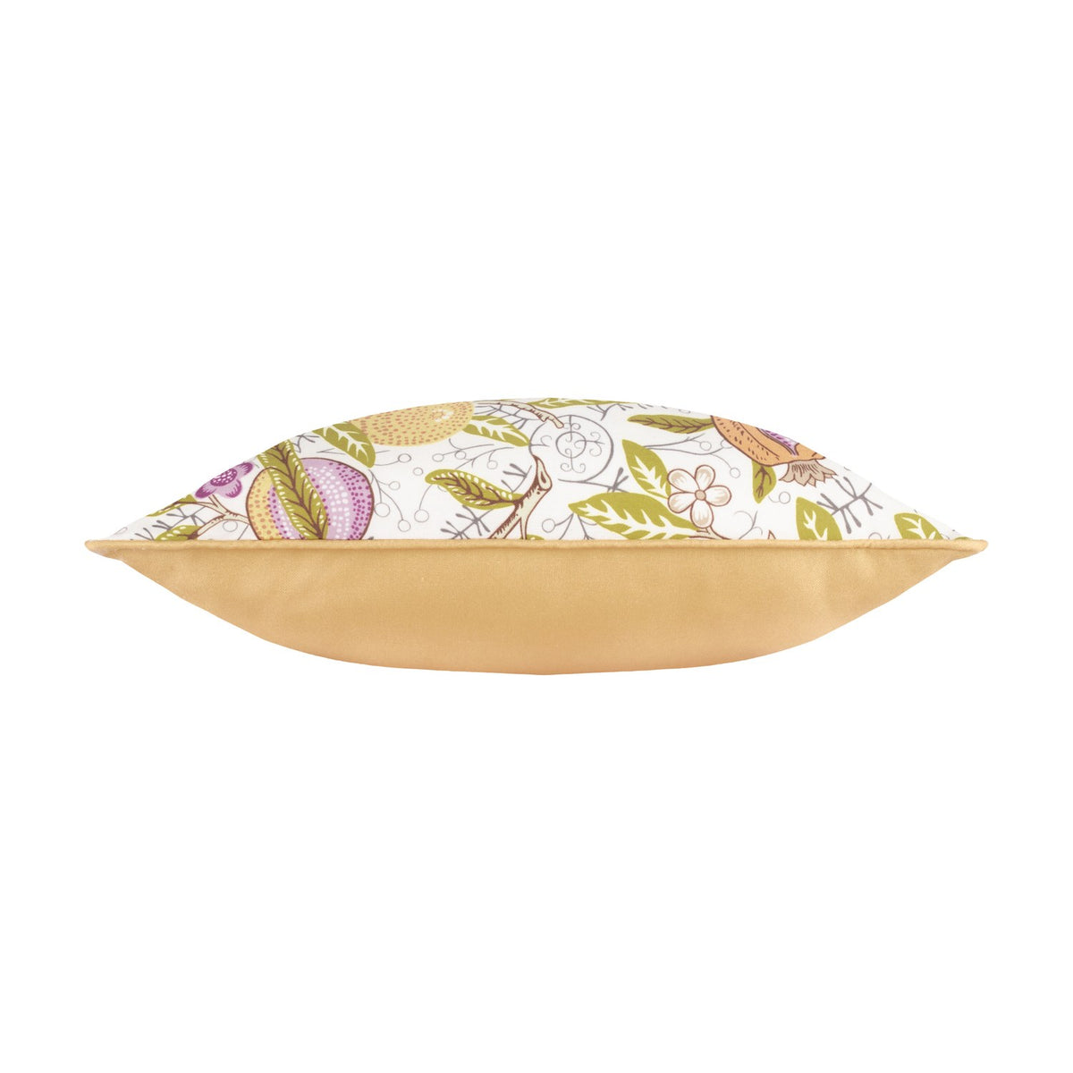Side view of the Fruits Piped Polyester Cushion in Lemon/Lime, showing the cream front with a printed pomegranate and citrus fruit design edged in piping, against a plain yellow reverse.