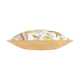 Side view of the Fruits Piped Polyester Cushion in Lemon/Lime, showing the cream front with a printed pomegranate and citrus fruit design edged in piping, against a plain yellow reverse.