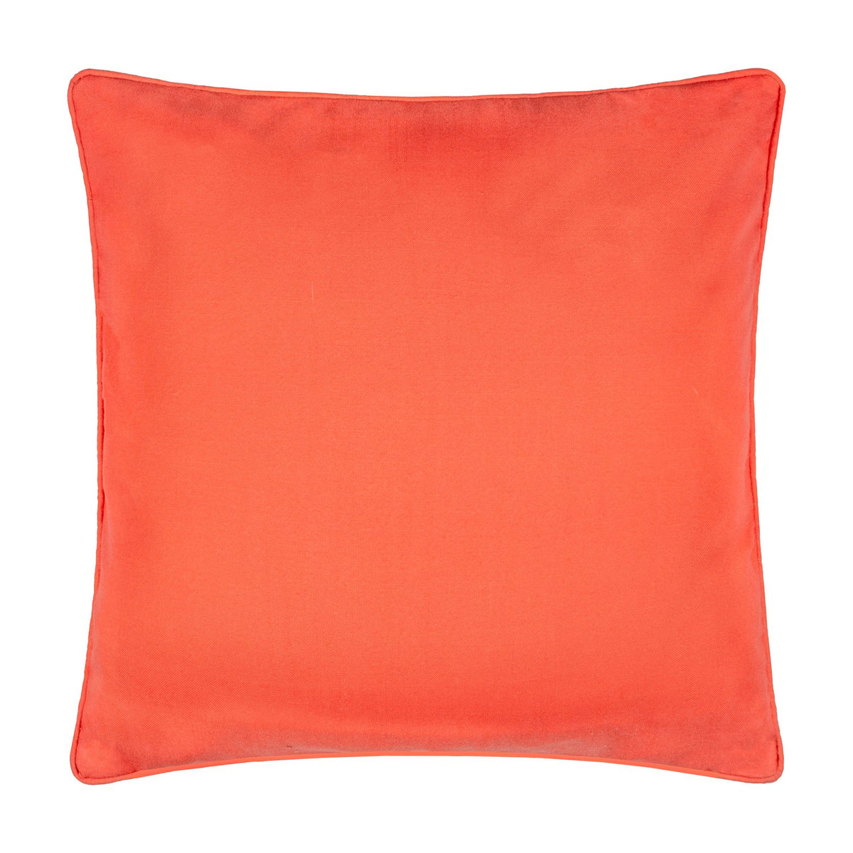 Fruits Piped Polyester Cushion showing the plain tomato-red reverse panel with matching red piped edging, square 45 x 45cm design on a white background.
