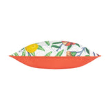 Side view of the Fruits Piped Polyester Cushion, showing a plain tomato-red back panel with matching red piping edging a white front printed with lemons and coral pomegranates among green foliage.