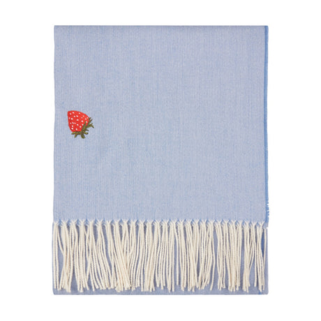 Fruits Knitted Polyester Throw in chambray blue with an embroidered red strawberry motif and cream fringe tassels, shown on a plain white background.
