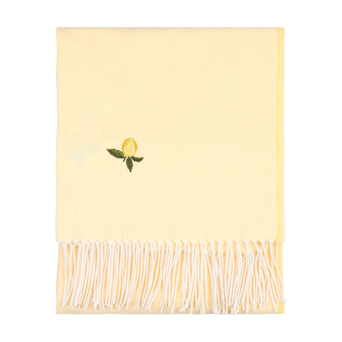 Fruits Knitted Polyester Throw in Zesty Lemon, a folded pale yellow throw with an embroidered lemon motif and white tasselled fringe, shown on a plain white background.