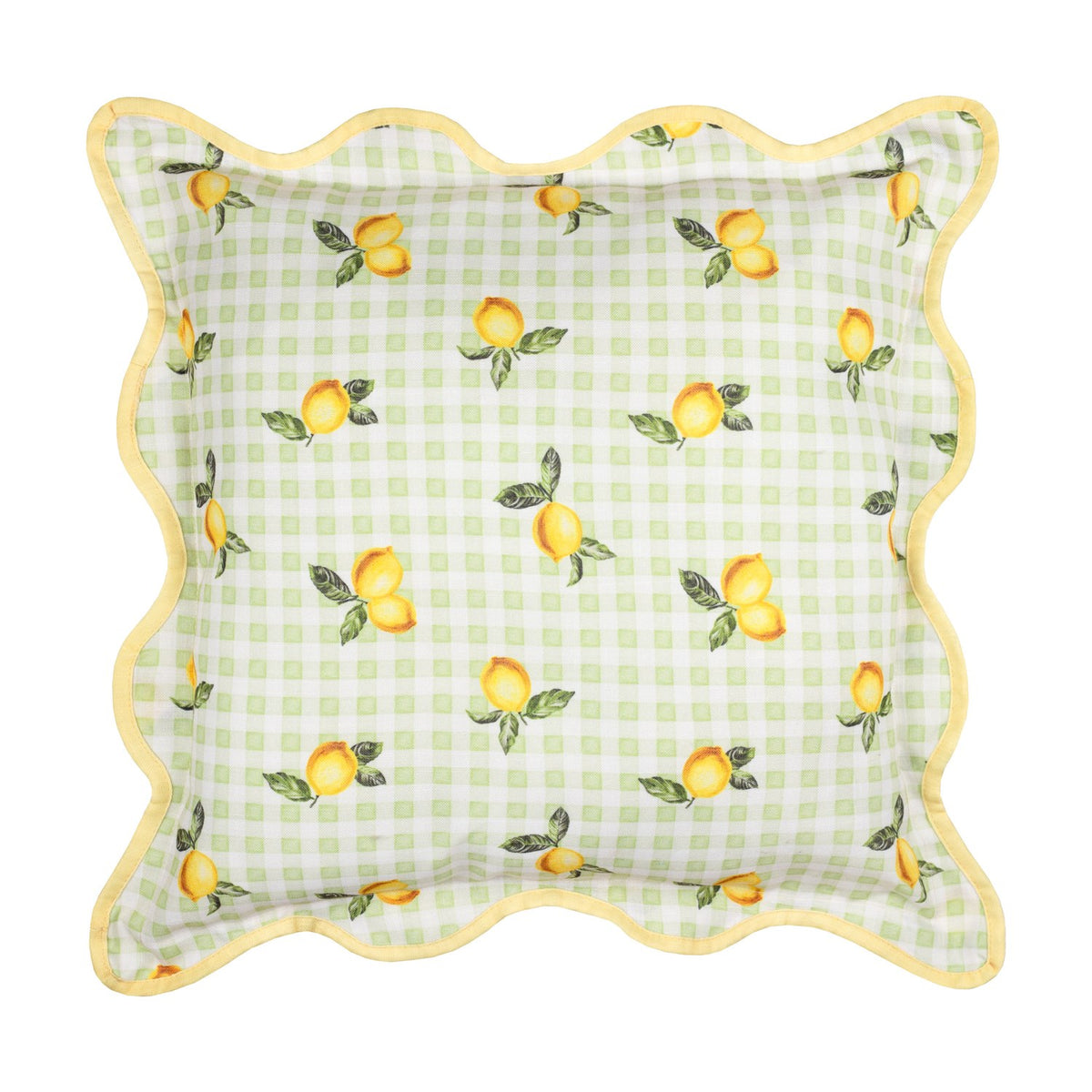 Square outdoor cushion with lemon print on sage green gingham check, scalloped edge and yellow piped trim, shown on a white background.