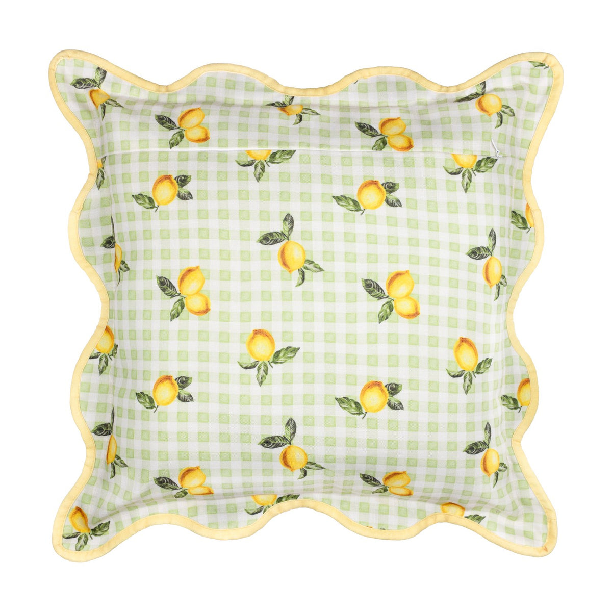 Square scalloped-edge cushion in sage green gingham check with printed lemon and leaf motifs, finished with a yellow piped trim, shown on a white background.