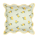 Square scalloped-edge cushion in sage green gingham check with printed lemon and leaf motifs, finished with a yellow piped trim, shown on a white background.