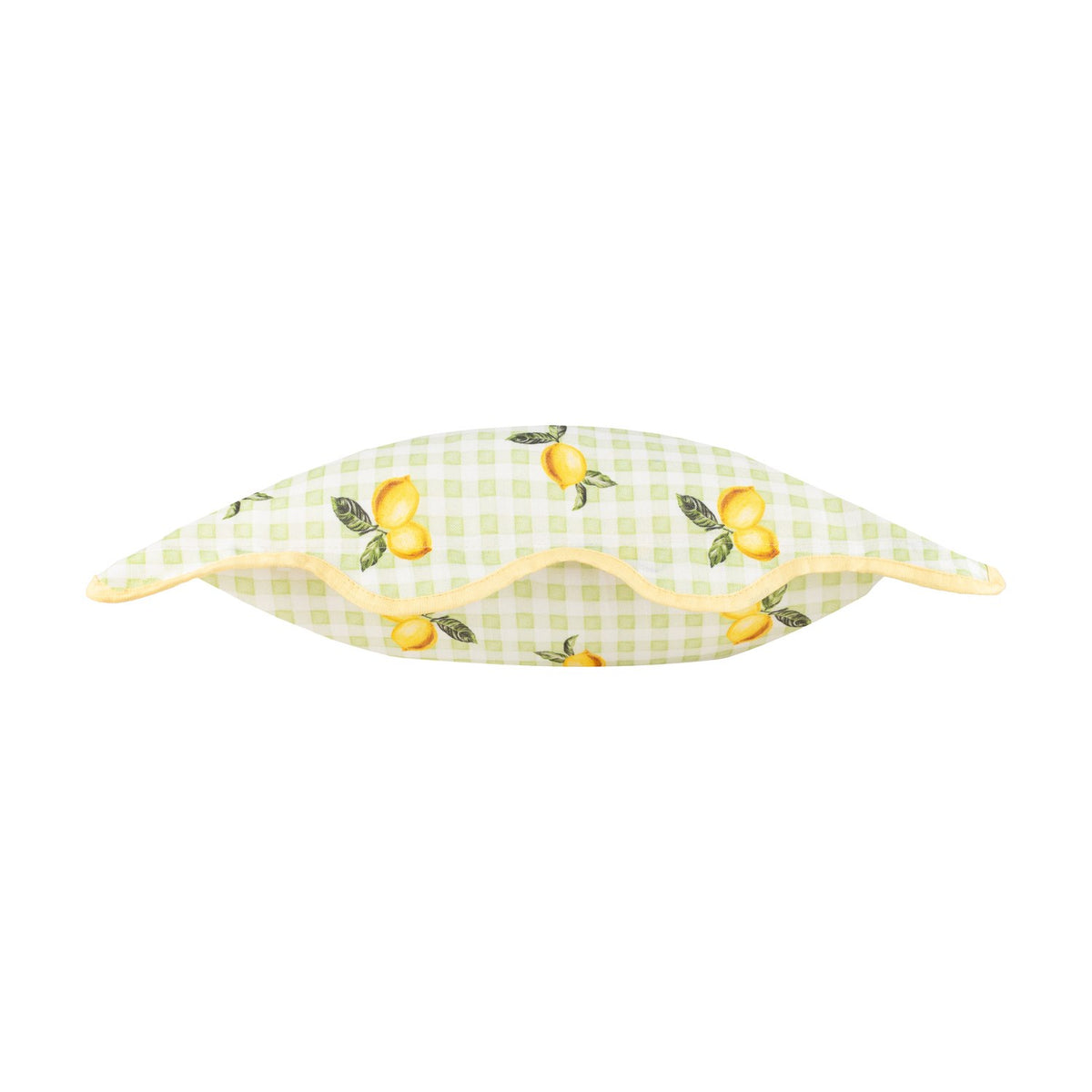 Sage green gingham cushion with a lemon and leaf print, finished with a scalloped edge and yellow piped trim, shown on a white background.