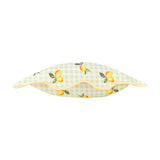 Sage green gingham cushion with a lemon and leaf print, finished with a scalloped edge and yellow piped trim, shown on a white background.