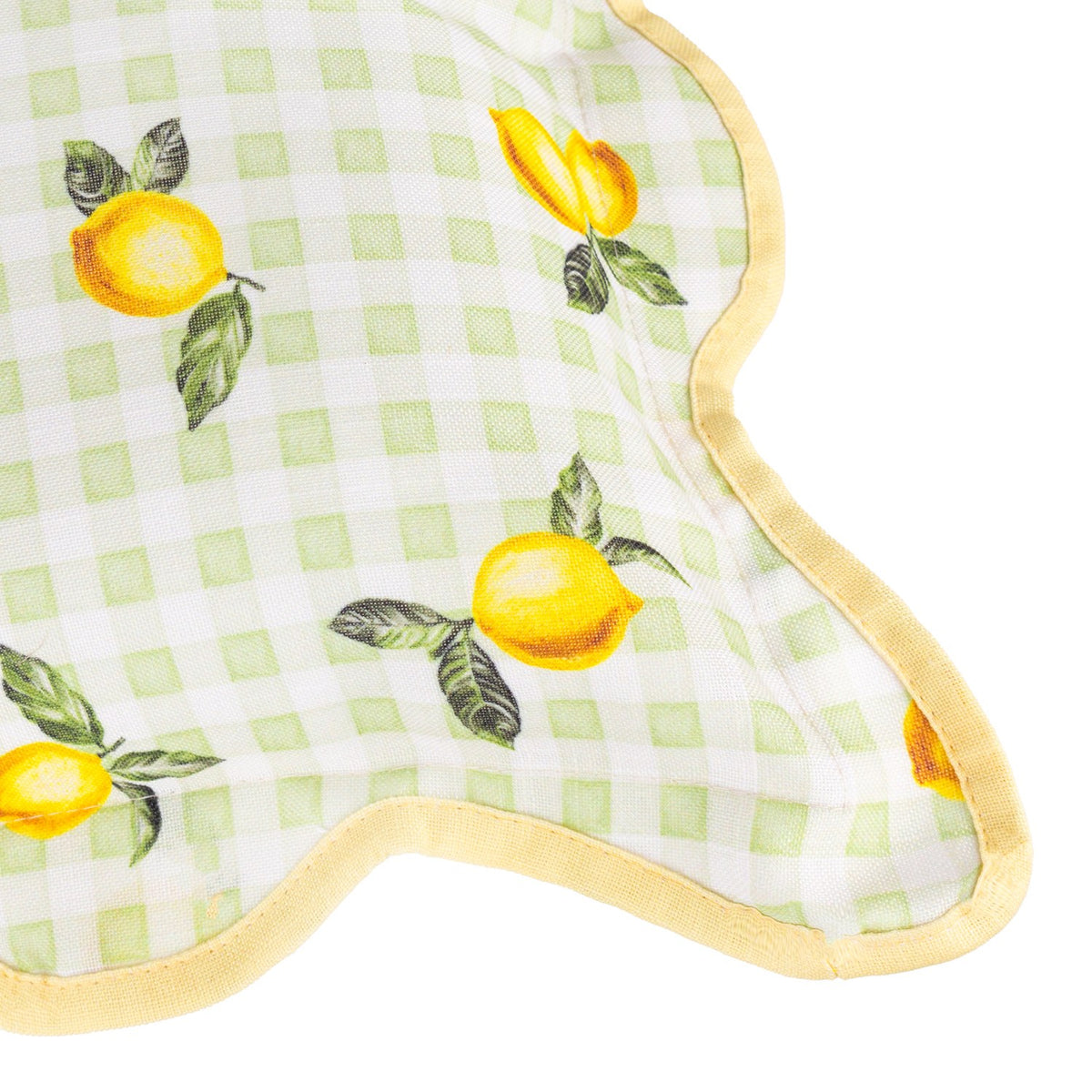 Close-up of the Fruits Gingham Polyester Cushion in Sage, showing hand-painted lemons with leaves on a pale green and white check ground, edged with a scalloped yellow piped trim.