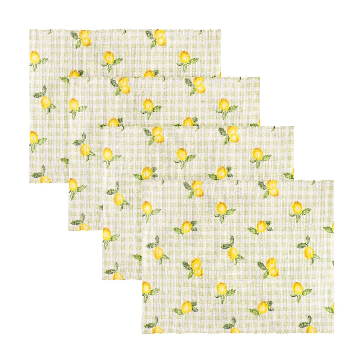 Set of four rectangular polyester placemats in sage green gingham check with a hand-painted lemon and leaf print, arranged in an overlapping row on a plain white background.