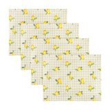 Set of four rectangular polyester placemats in sage green gingham check with a hand-painted lemon and leaf print, arranged in an overlapping row on a plain white background.