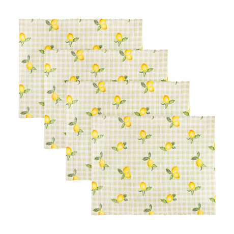 Set of four rectangular polyester placemats in sage green gingham check with a hand-painted lemon and leaf print, arranged in an overlapping row on a plain white background.