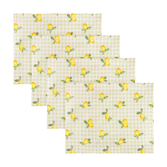 Set of four rectangular polyester placemats in sage green gingham check with a hand-painted lemon and leaf print, arranged in an overlapping row on a plain white background.