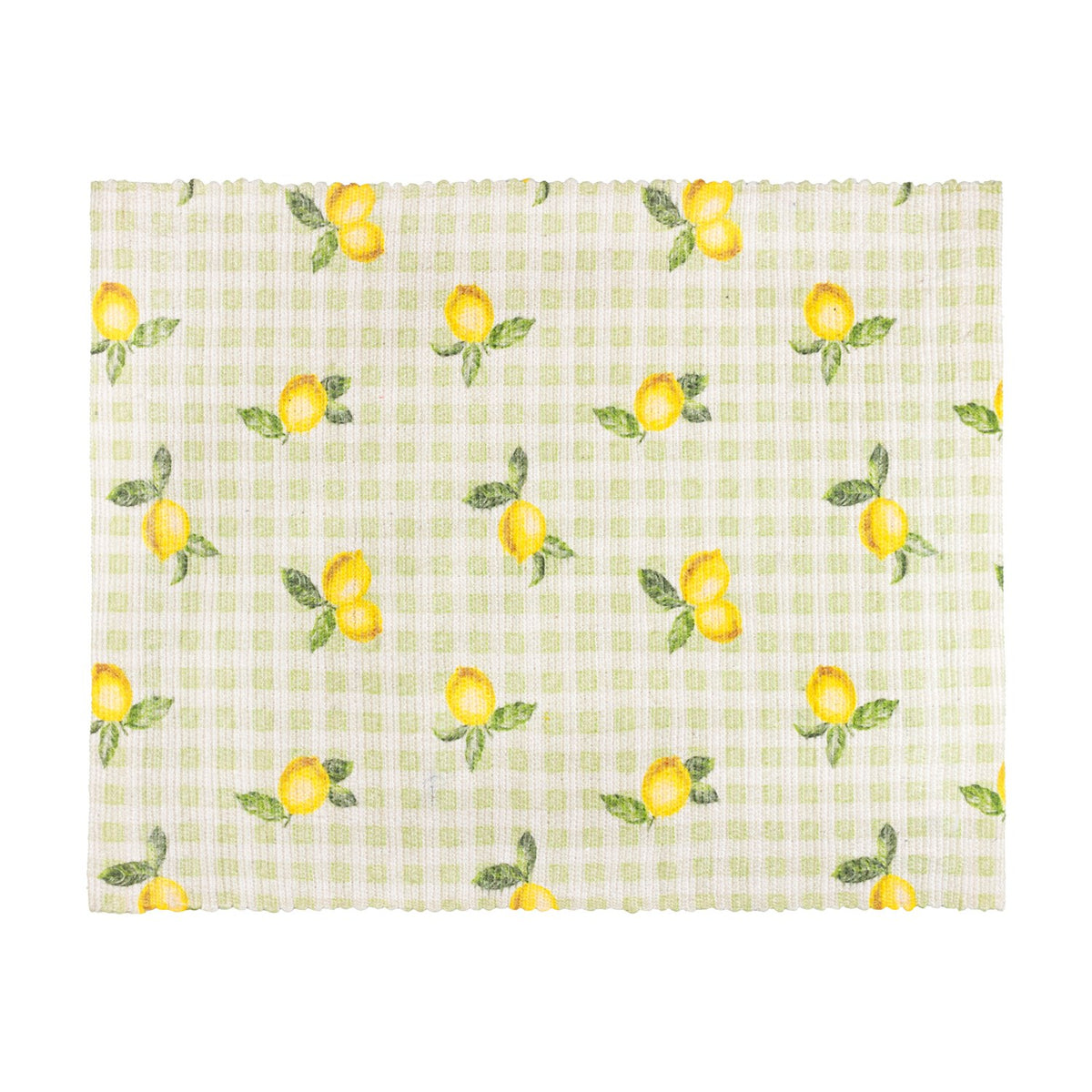 Rectangular fabric placemat with sage green and cream check pattern, featuring hand-painted yellow lemons and green leaves scattered across the surface.