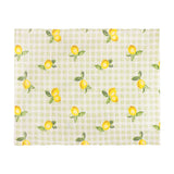 Rectangular fabric placemat with sage green and cream check pattern, featuring hand-painted yellow lemons and green leaves scattered across the surface.
