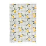 Rectangular polyester rug in sage and cream gingham check, printed with scattered lemon motifs and green leaves, shown on a plain white background.