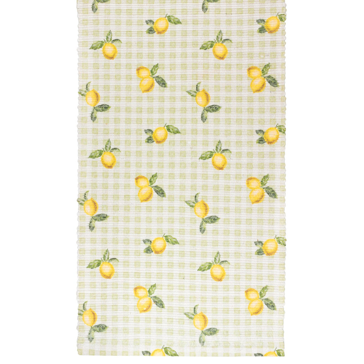 Sage gingham polyester table runner with a scattered watercolour-style lemon and leaf print in yellow and green, shown on a plain white background.