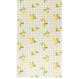 Sage gingham polyester table runner with a scattered watercolour-style lemon and leaf print in yellow and green, shown on a plain white background.