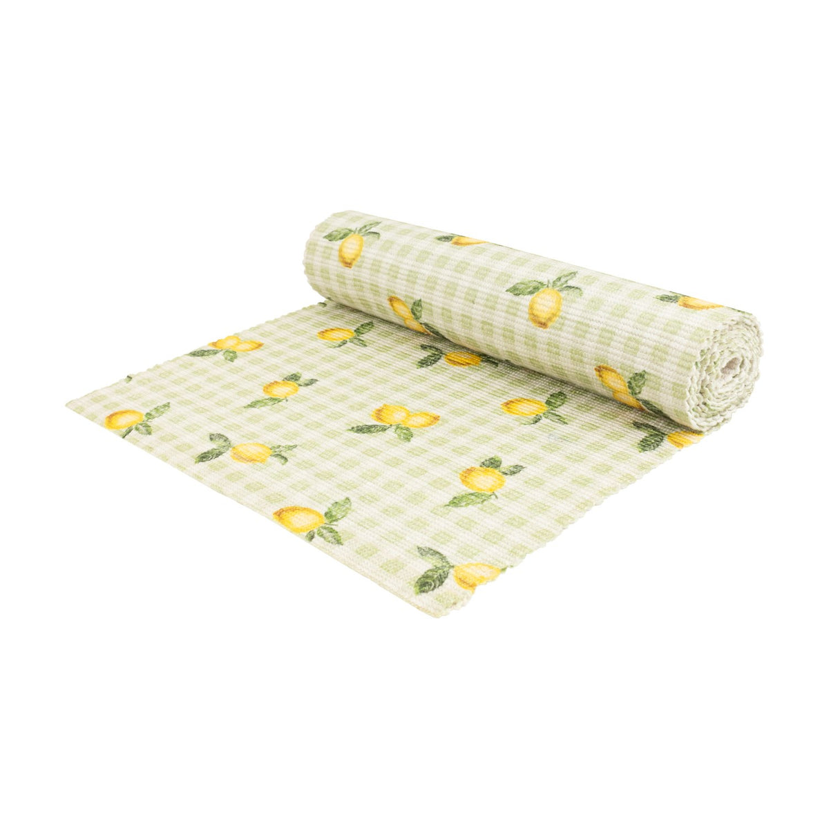 Rolled polyester table runner in sage gingham check with scattered hand-painted lemon and leaf motifs, shown unrolled against a plain white background.