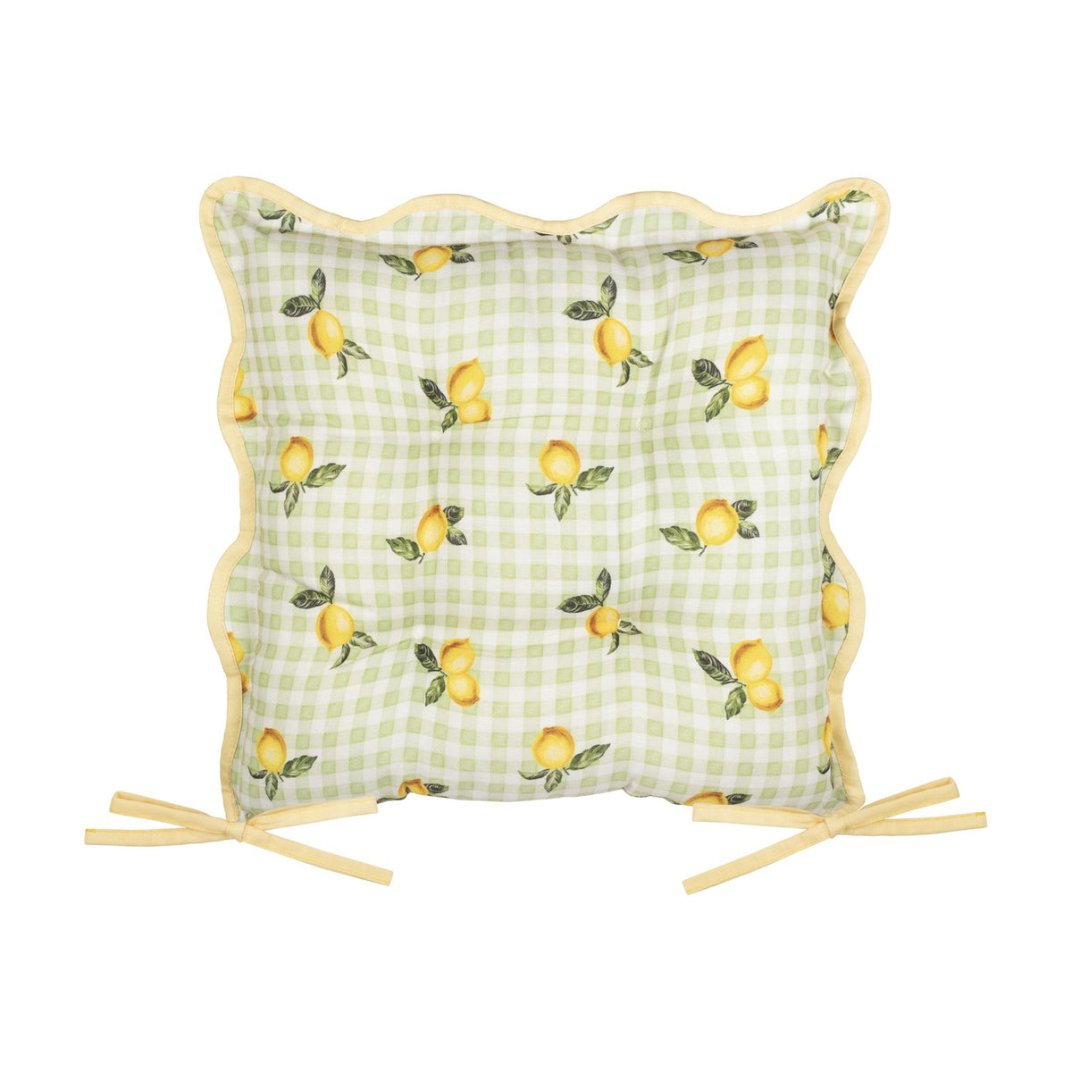 Square seat pad in sage-and-white gingham check with lemon and leaf print, scalloped edge, yellow piping and fabric ties, shown on a plain white background.