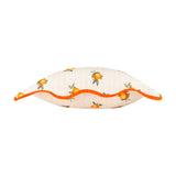 Fruits Striped Polyester Cushion in Yellow, shown side-on with scattered orange fruit print, cream and yellow striped fabric, and a scalloped orange piped edge, on a white background.