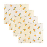 Set of four rectangular fabric placemats in yellow striped polyester, each printed with a hand-painted orange fruit design, arranged in an overlapping row on a white background.