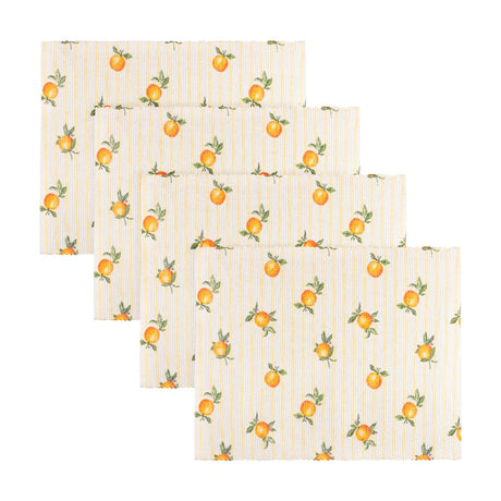 Set of four rectangular fabric placemats in yellow striped polyester, each printed with a hand-painted orange fruit design, arranged in an overlapping row on a white background.
