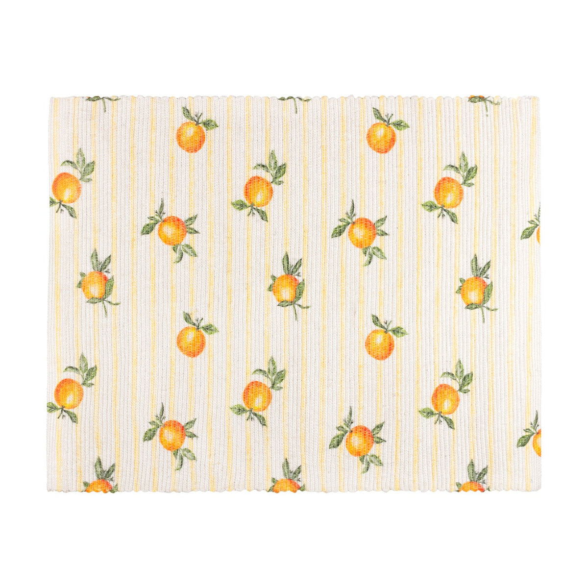 Rectangular woven polyester placemat in yellow with a fine ribbed texture, striped ground and hand-painted orange fruit design, shown on a plain white background.