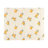 Rectangular woven polyester placemat in yellow with a fine ribbed texture, striped ground and hand-painted orange fruit design, shown on a plain white background.
