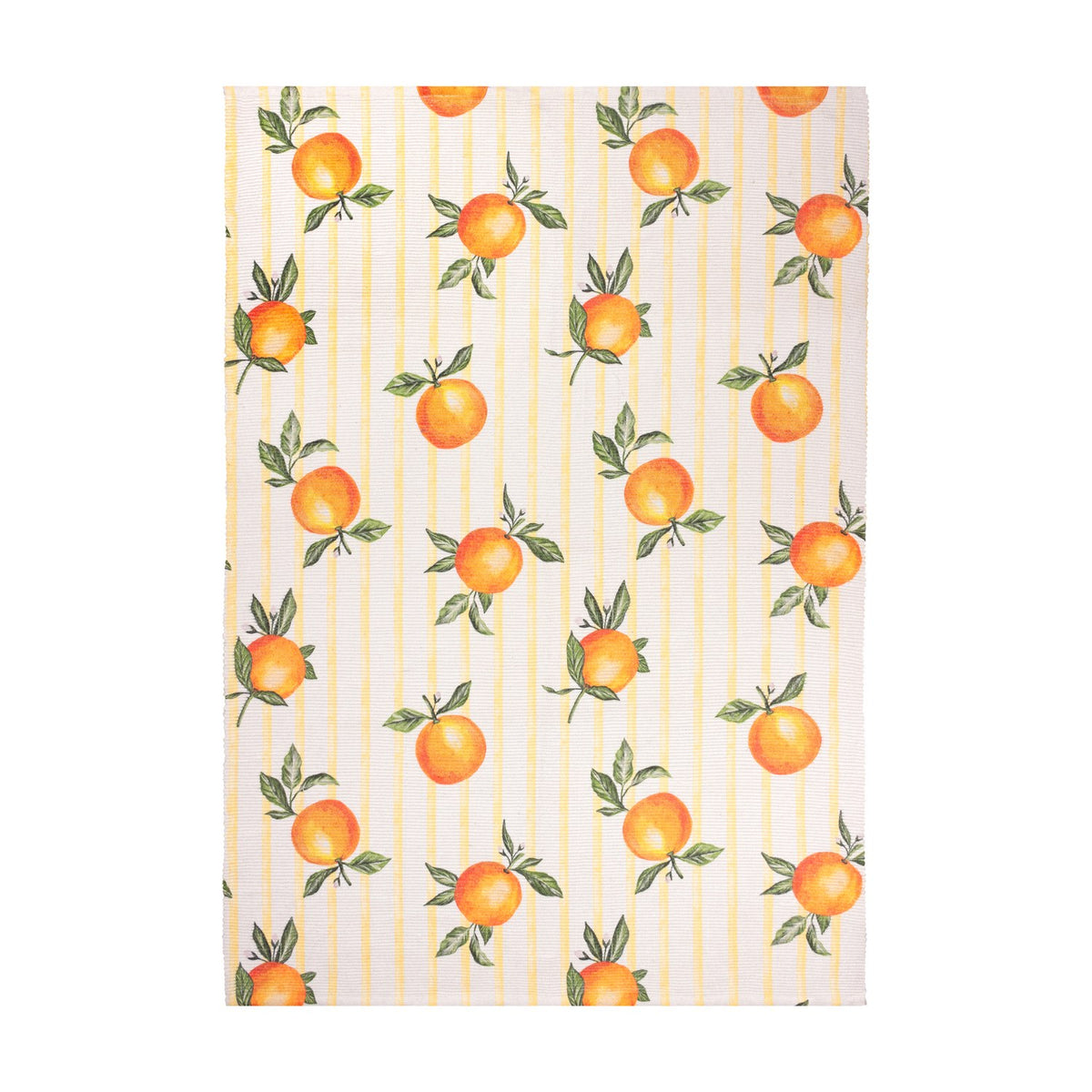Fruits Gingham Polyester Rug in yellow, featuring hand-painted oranges with green leaves over yellow stripes on a cream ground, shown on a plain white background.