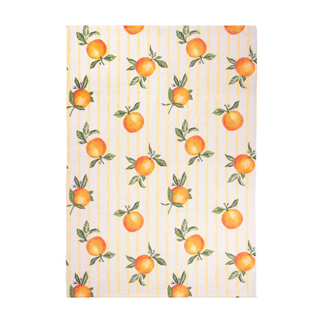 Fruits Gingham Polyester Rug in yellow, featuring hand-painted oranges with green leaves over yellow stripes on a cream ground, shown on a plain white background.