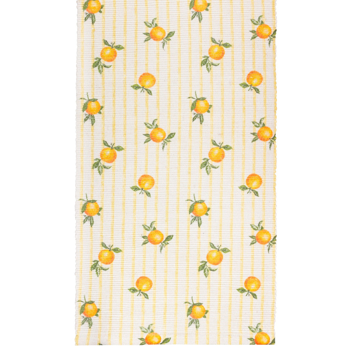 Fruits Striped Polyester Table Runner in yellow, with orange citrus fruits and green leaves scattered over cream-and-yellow vertical stripes on a plain background.