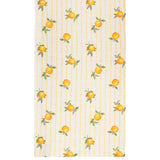 Fruits Striped Polyester Table Runner in yellow, with orange citrus fruits and green leaves scattered over cream-and-yellow vertical stripes on a plain background.