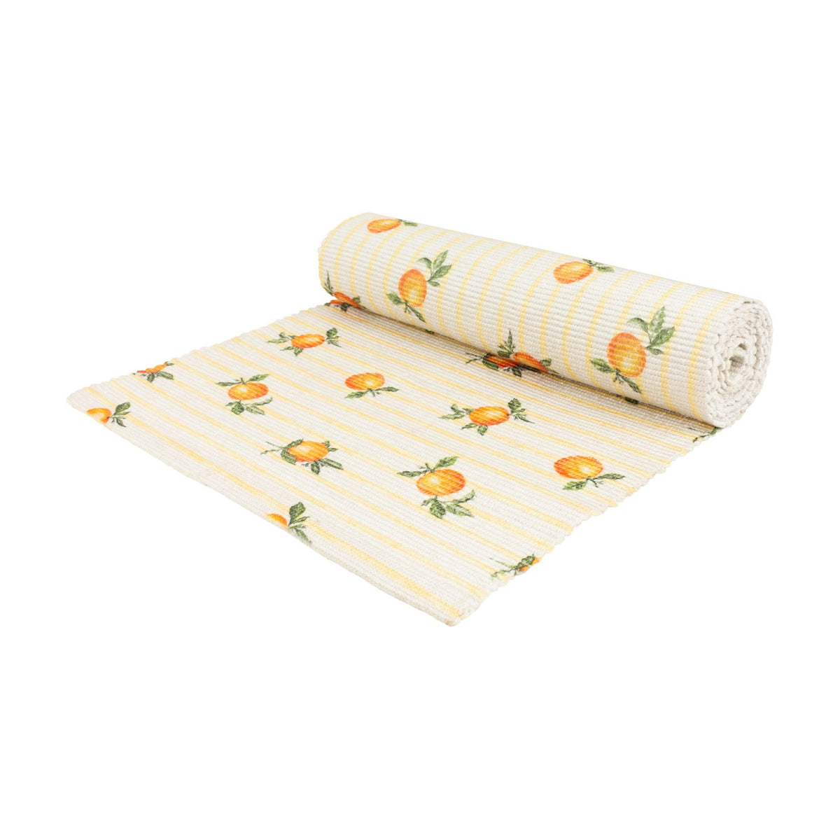 Fruits Striped Polyester Table Runner in yellow, partially rolled to show cream fabric with yellow stripes and a scattered orange citrus print, on a plain white background.