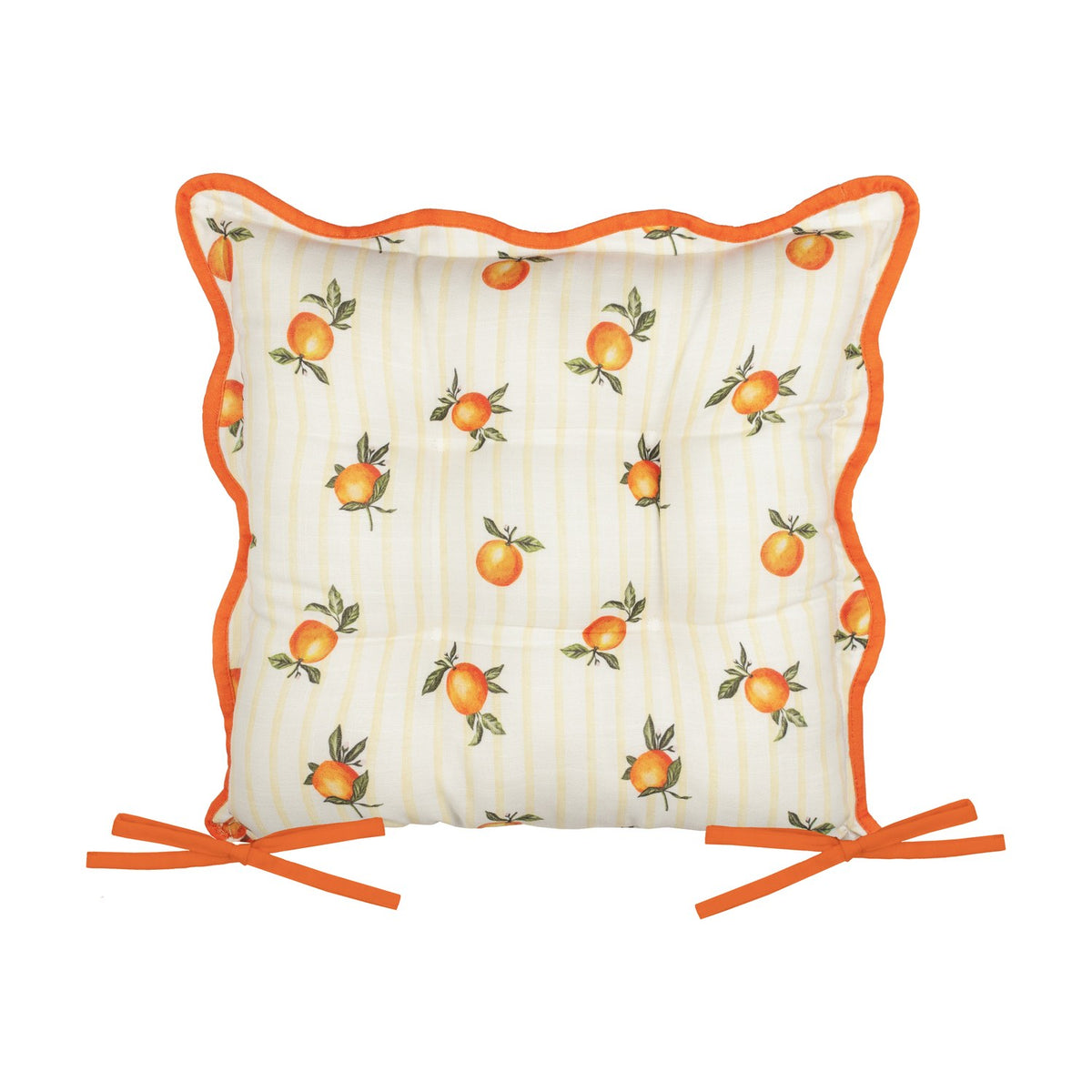 Square tufted seat pad in yellow stripe polyester with scattered orange fruit print, scalloped rust-orange piped edge, and two orange tie fastenings, shown on a white background.