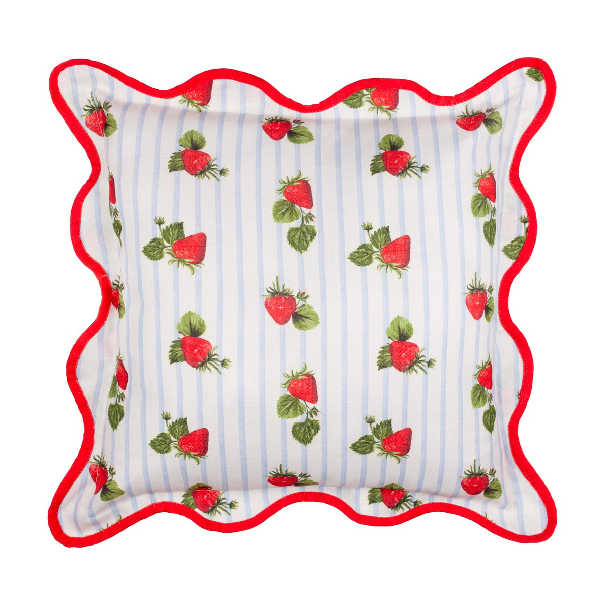 Square scatter cushion in blue striped polyester with a scattered strawberry print and a red scalloped wiggle-edge trim, shown on a plain white background.