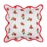 Square scatter cushion in blue striped polyester with a scattered strawberry print and a red scalloped wiggle-edge trim, shown on a plain white background.
